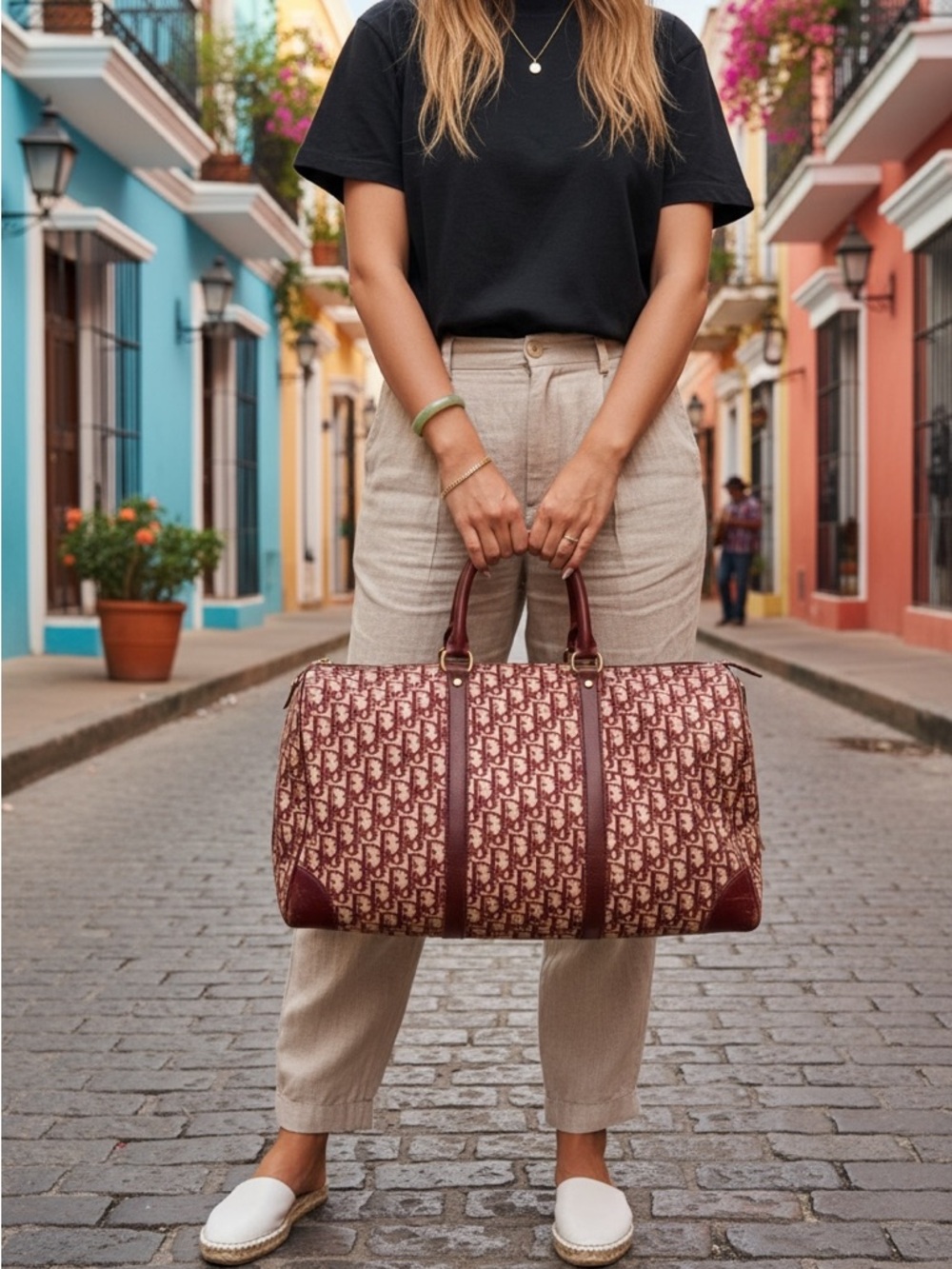 Vintage Dior Trotter Monogram Weekender Bag - Burgundy and Cream - Picture 3 of 3
